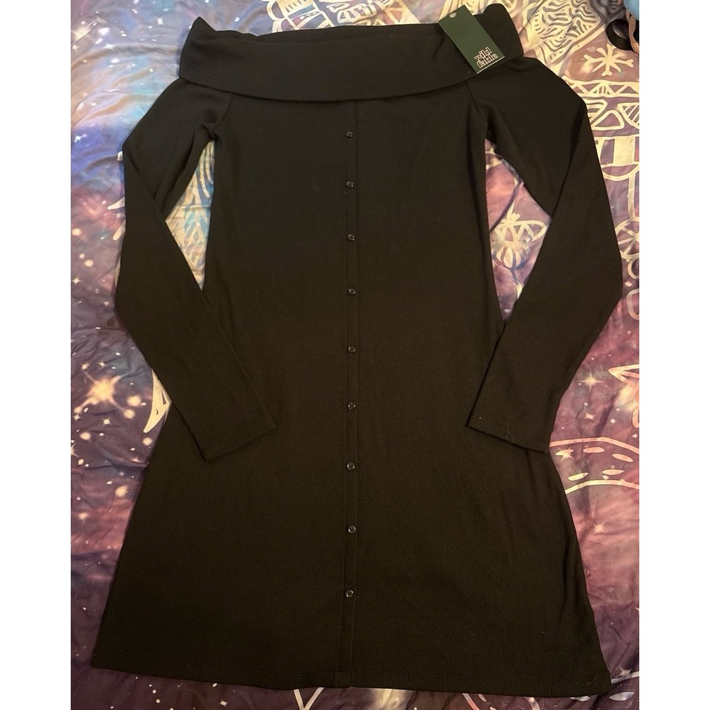 NEW Wild Fable Black Knit Off the Shoulder‎ Button Front Bodycon Mini Dress, M